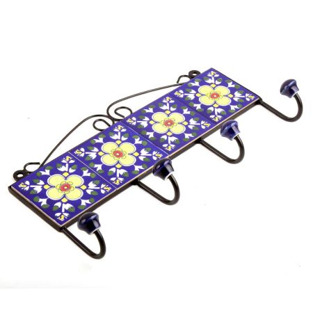 Navy Blue Yellow Flower Tiles Hooks 